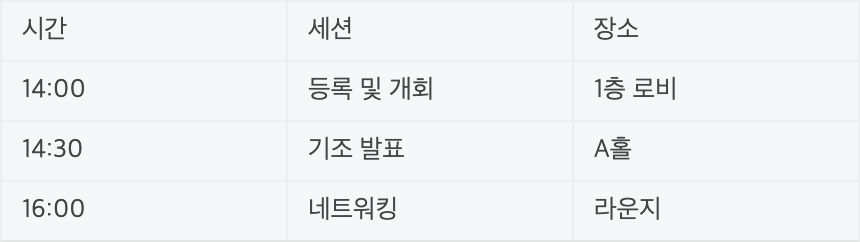 표 — 4행 3열 일정표